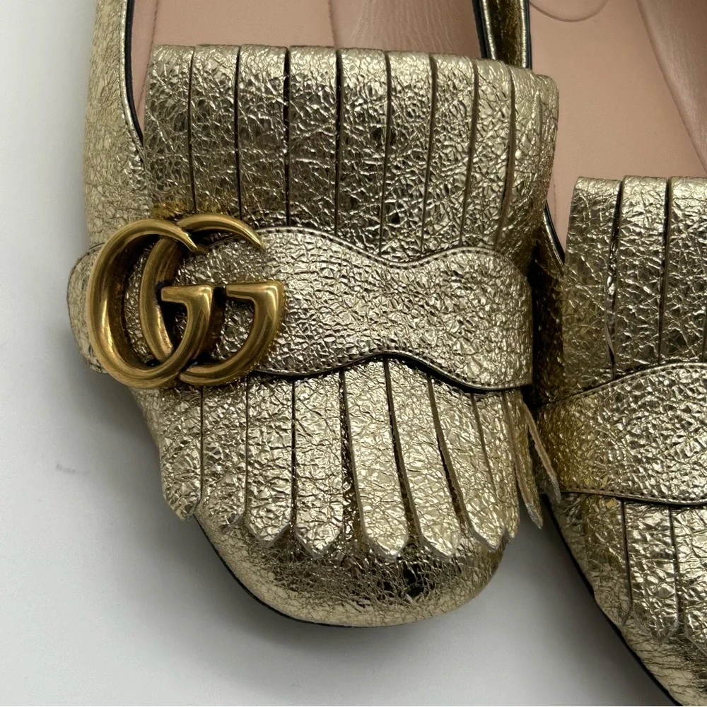 Gucci Gold Galassia Platino GG Marmont Fringe Ballet Flats Loafers Size 36.5 - Picture 4 of 11